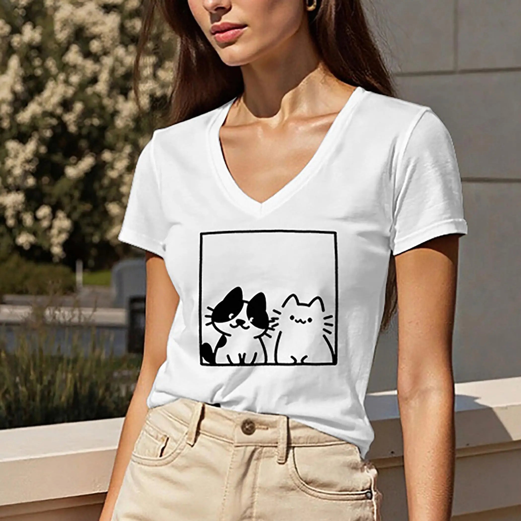 Summer women's regular fit V-neck short-sleeved T-shirt, regular length, women's top with two cat prints.